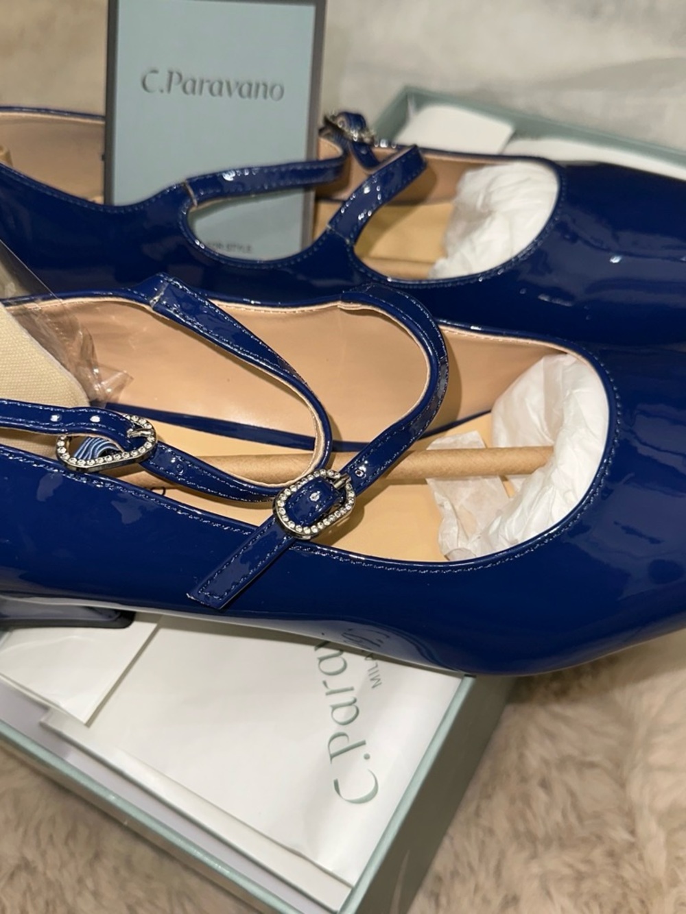 C. Paravano Navy Patent Mary Jane Flats with Crystal Buckles